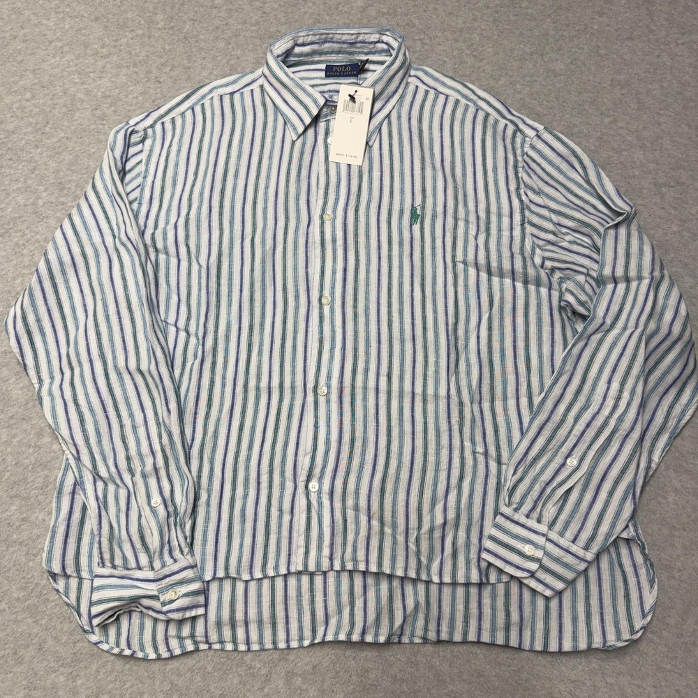 Polo Ralph Lauren Shirt Mens L Blue Stripe Linen Button Down Long Sleeve Casual